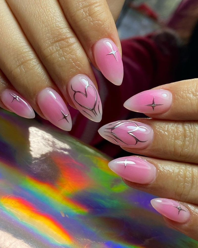 Pink Chrome Heart Stiletto Accents — Airbrush Nails