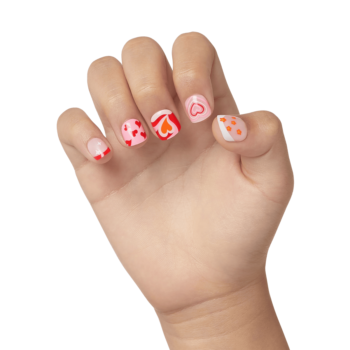 Bright Pink with Hearts, Swirls, and Starbursts — Nails for Kids