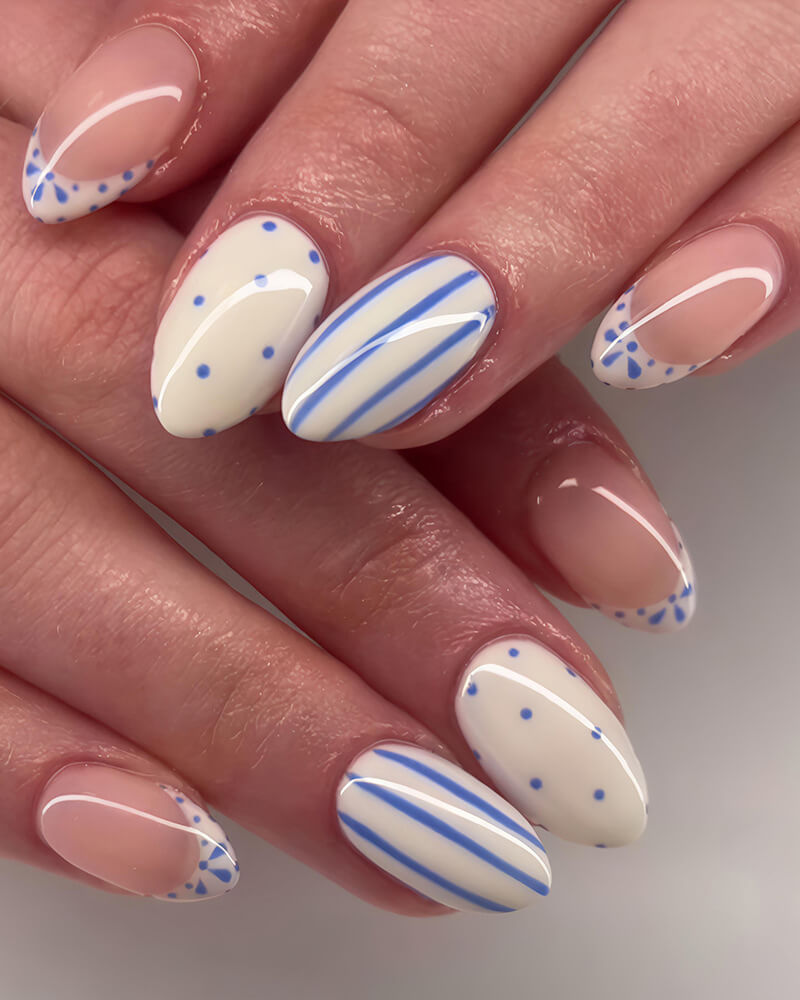 White Blue Sheer Pink Base Visual Idea White Blue Sheer Pink Base Visual Idea — Short Almond Nails