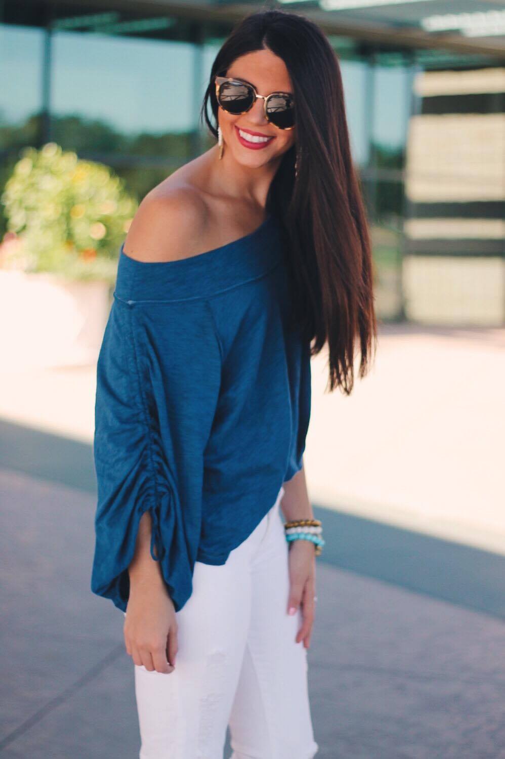 Off-the-Shoulder Blue Top Paired with White Fitted Jeans Off-the-Shoulder Blue Top Paired with White Fitted Jeans — Casual Date Night Outfits