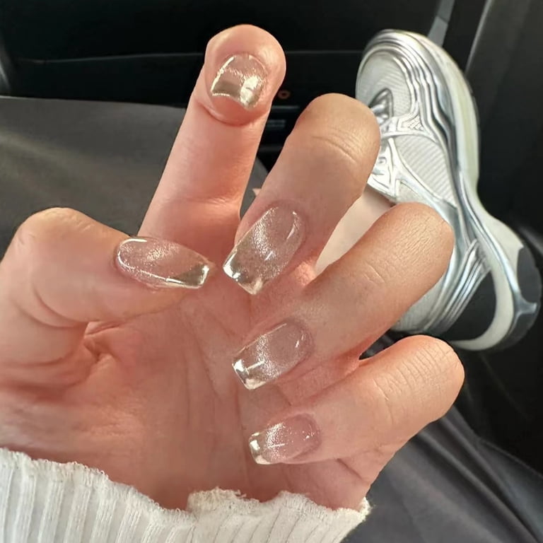Silver Rhinestone French Tip Coffin Nails — Medium Nails