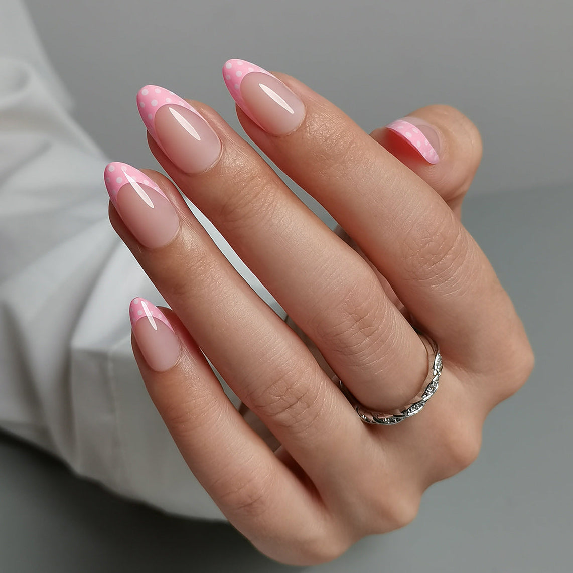 Pink Polka Dot Almond French Nails — Almond French Tip Nails