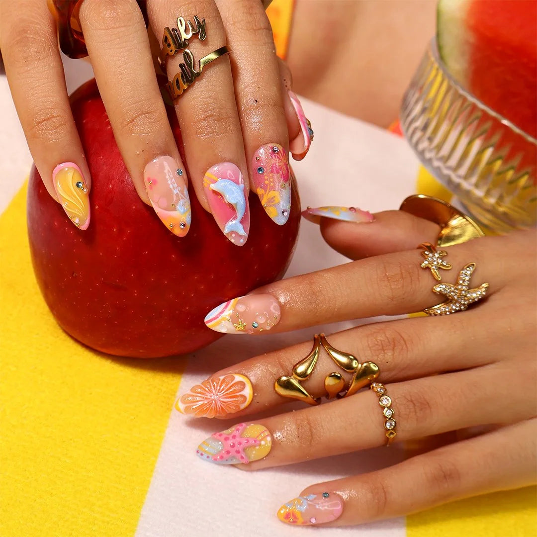 Playful Pastel Dolphin and Fruit Stilettos Playful Pastel Dolphin and Fruit Stilettos — Y2K Nails