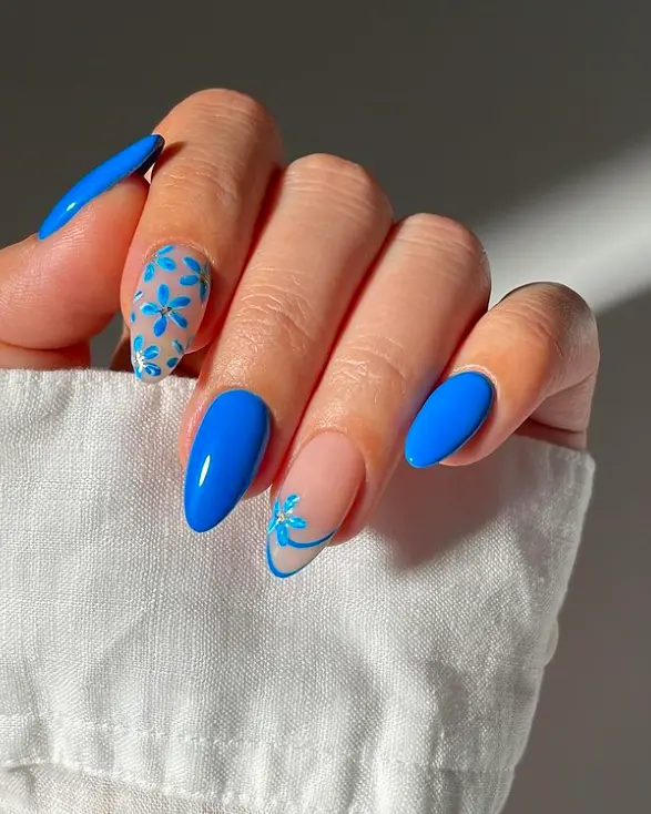 Bright Blue with Sheer Floral and Rhinestone Accents — Blue Nails
