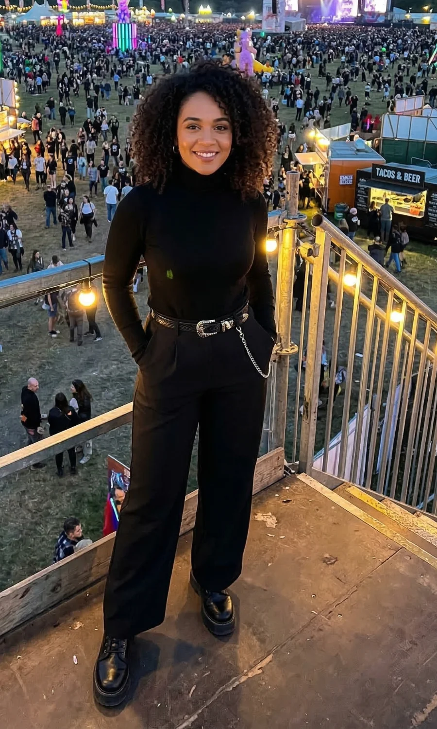 Chic Black Trousers and Chain Belt for a Sleek Concert Look Chic Black Trousers and Chain Belt for a Sleek Concert Look — Concert Outfits