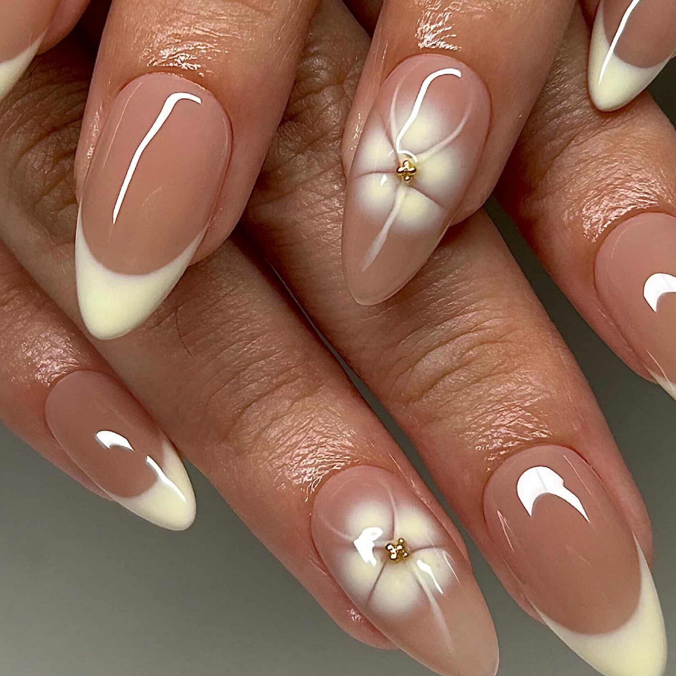 Nude White 3D Flower French Tip Almond Nails Nude White 3D Flower French Tip Almond Nails — Blooming Gel Nails