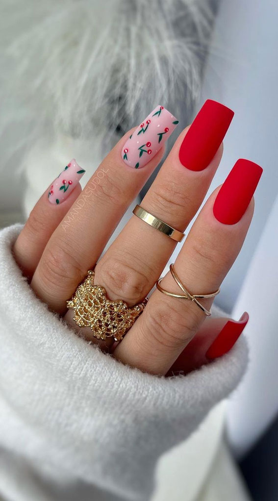 Matte Red With Glossy Cherry Accents — Red Nails