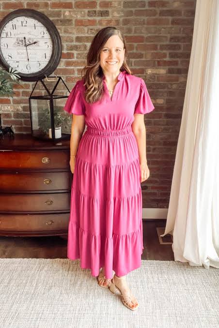 Vibrant Fuchsia Tiered Midi Dress for Daytime Events — Midsize Outfits