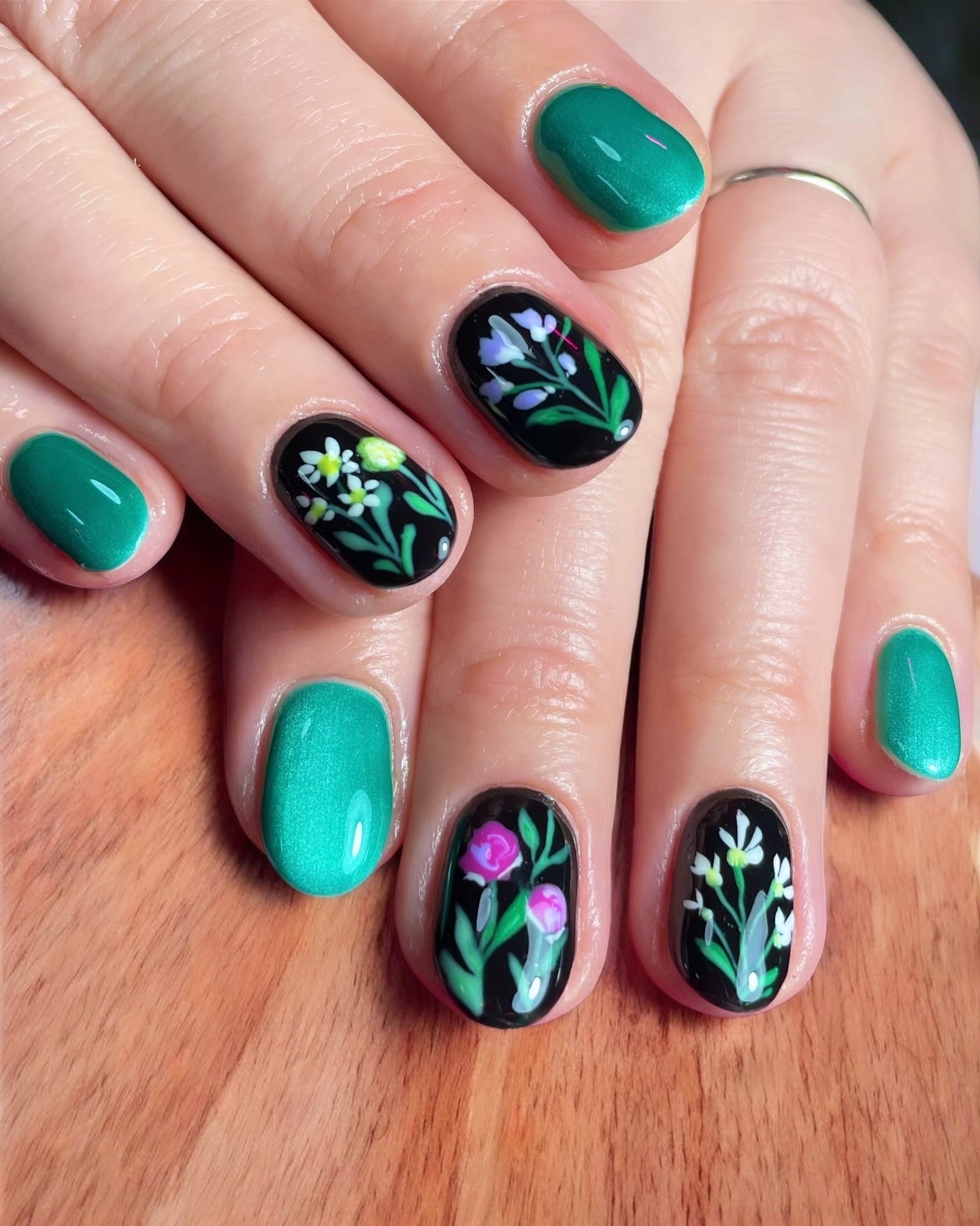 Bright Teal Floral Accent Nails — Teal Nails