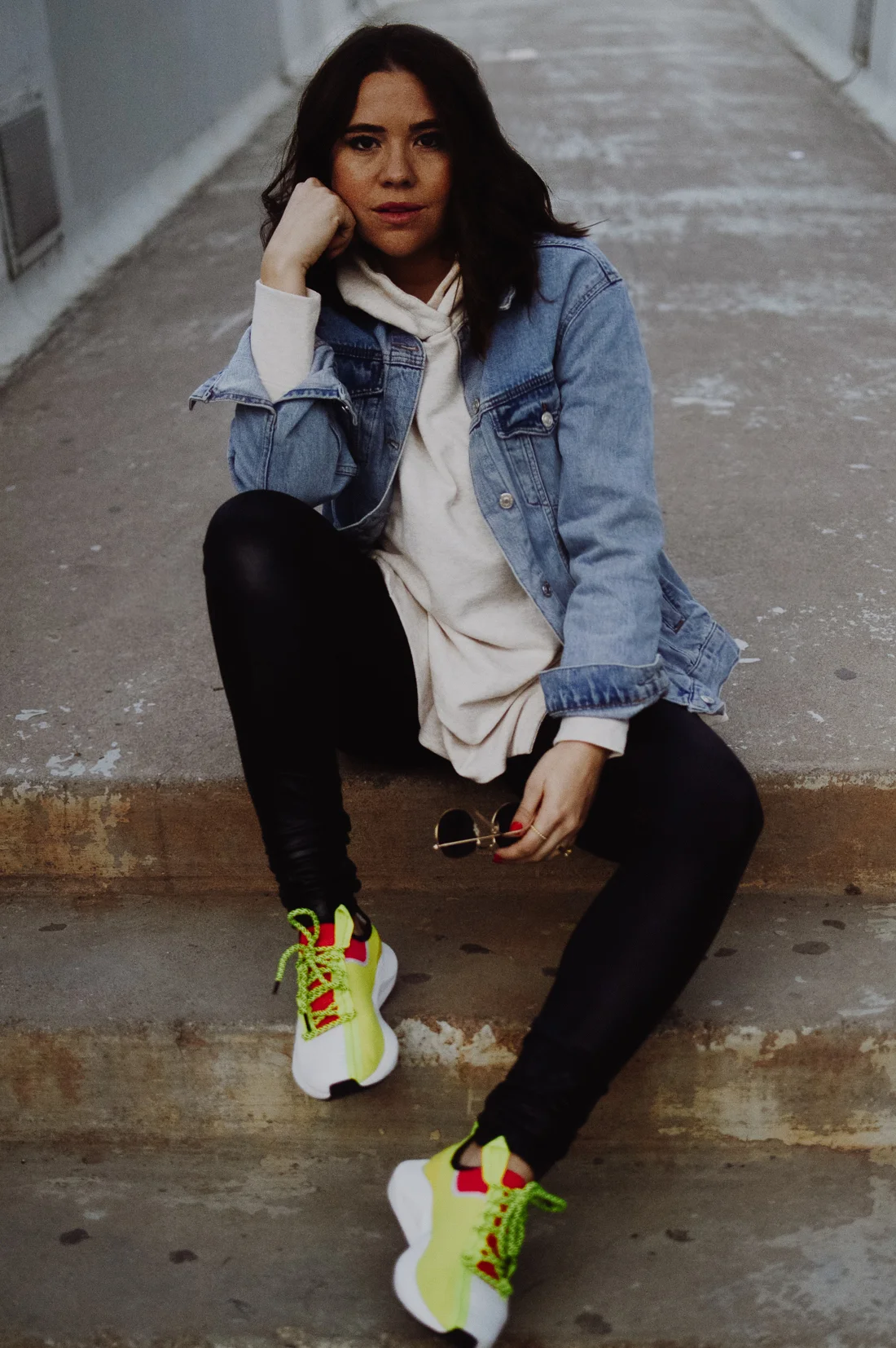 Denim Jacket and Neon Sneakers Athleisure Denim Jacket and Neon Sneakers Athleisure — Athleisure Outfits