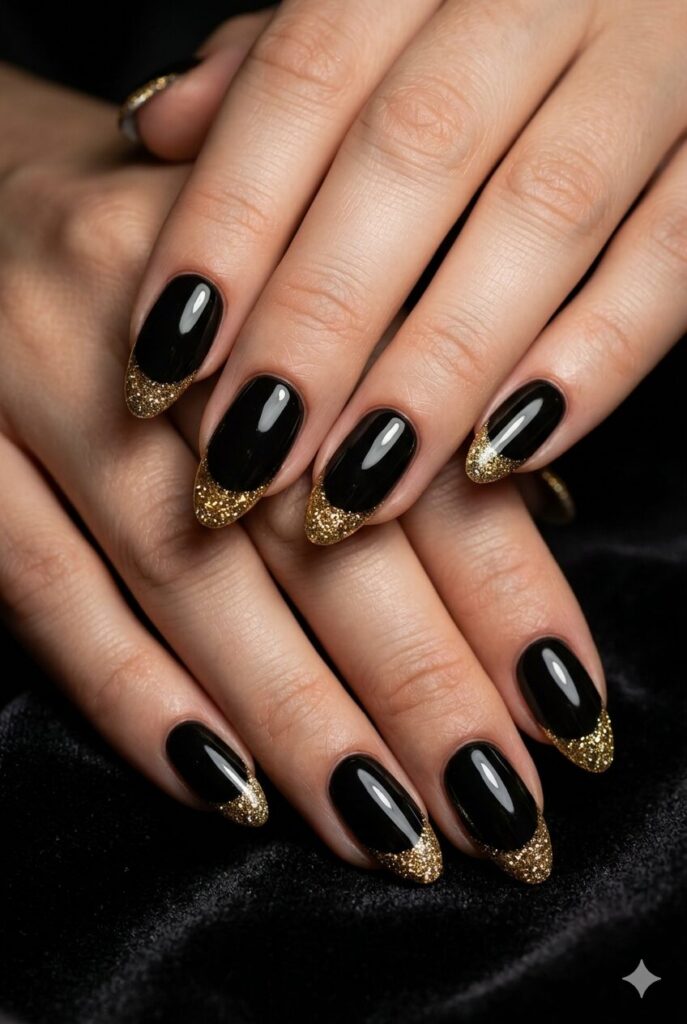 Formal Medium Oval with Glossy Black and Gold Glitter French Tips — Black and Gold Nails