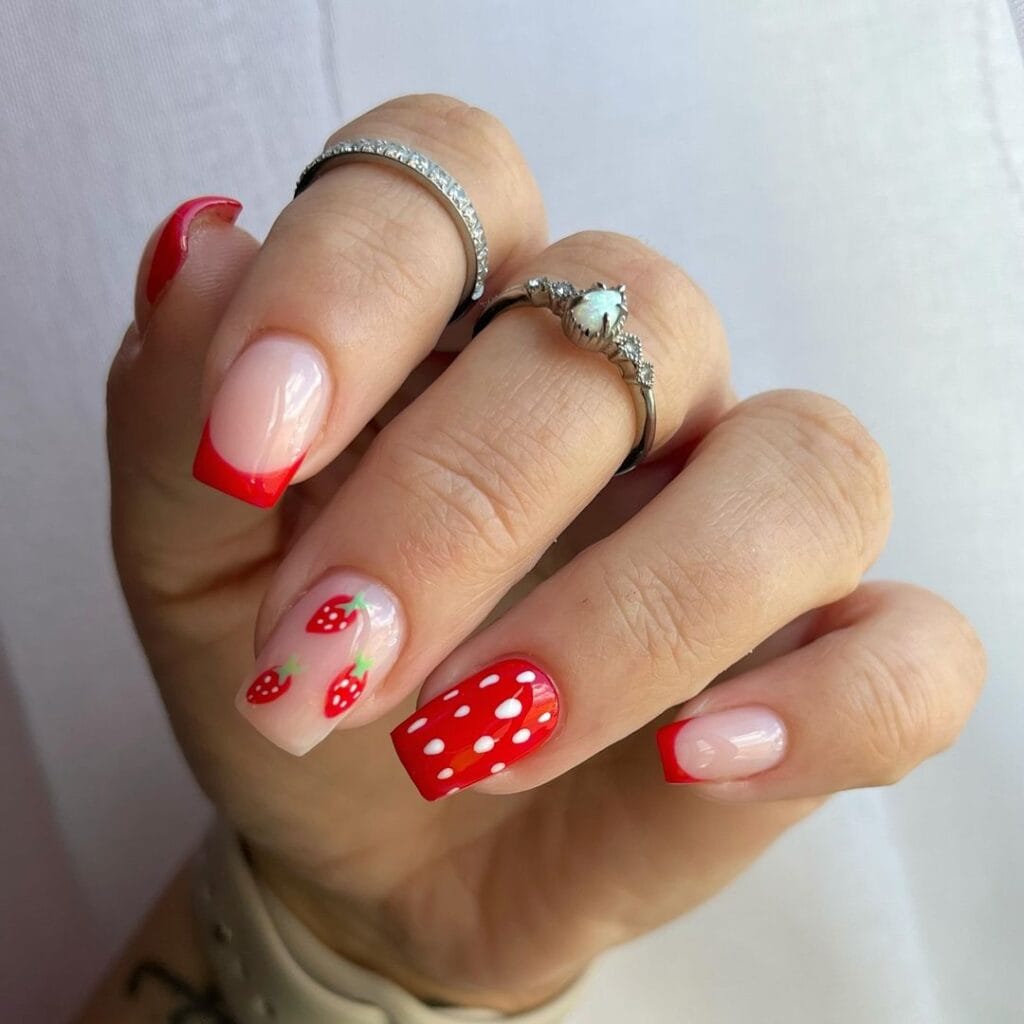 Strawberry Polka Dot Short Square Nails — Strawberry Nails