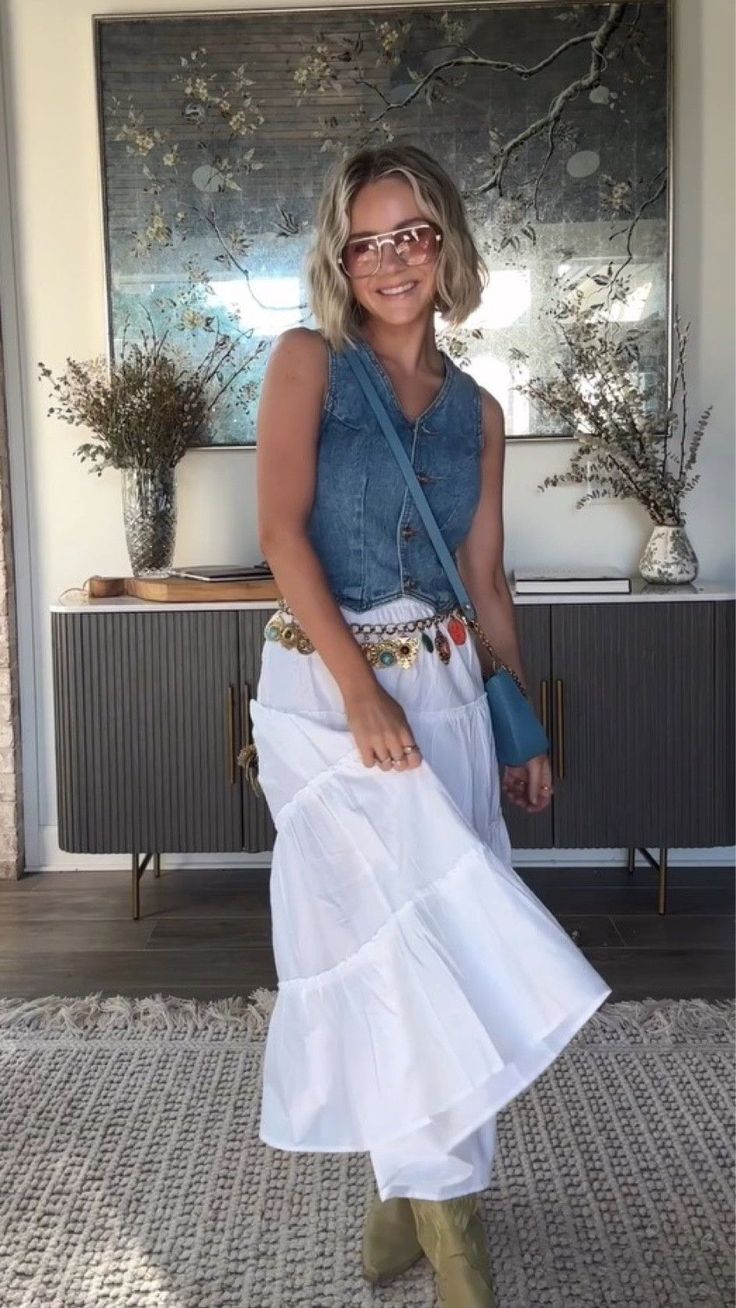 Denim Vest with Tiered Maxi Skirt and Tan Cowboy Boots Denim Vest with Tiered Maxi Skirt and Tan Cowboy Boots — Country Concert Outfits