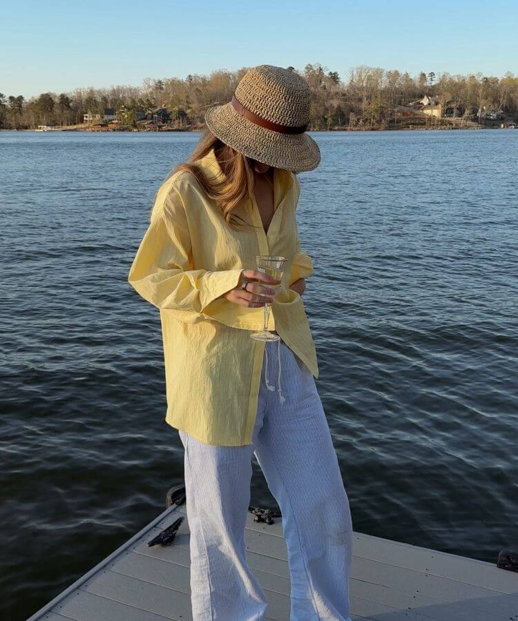 Oversized Yellow Linen Shirt with Striped Pants Oversized Yellow Linen Shirt with Striped Pants — Coastal Grandmother Outfits