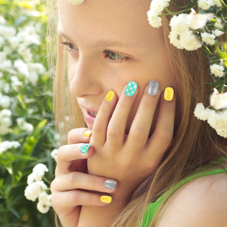 Yellow, Mint, and Silver Glitter Nails — Nails for Kids