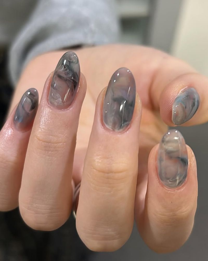 Translucent Gray Marble Swirl Short Oval Nails Translucent Gray Marble Swirl Short Oval Nails — Gray Nails
