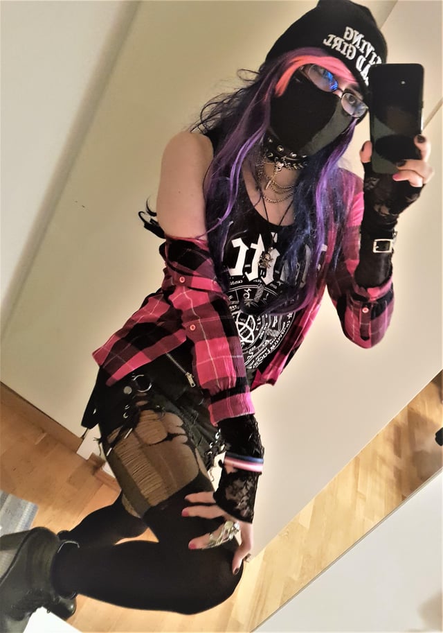 Layered Textures: Plaid Shirt, Ripped Top with Lace, and Beanie — Emo Outfits
