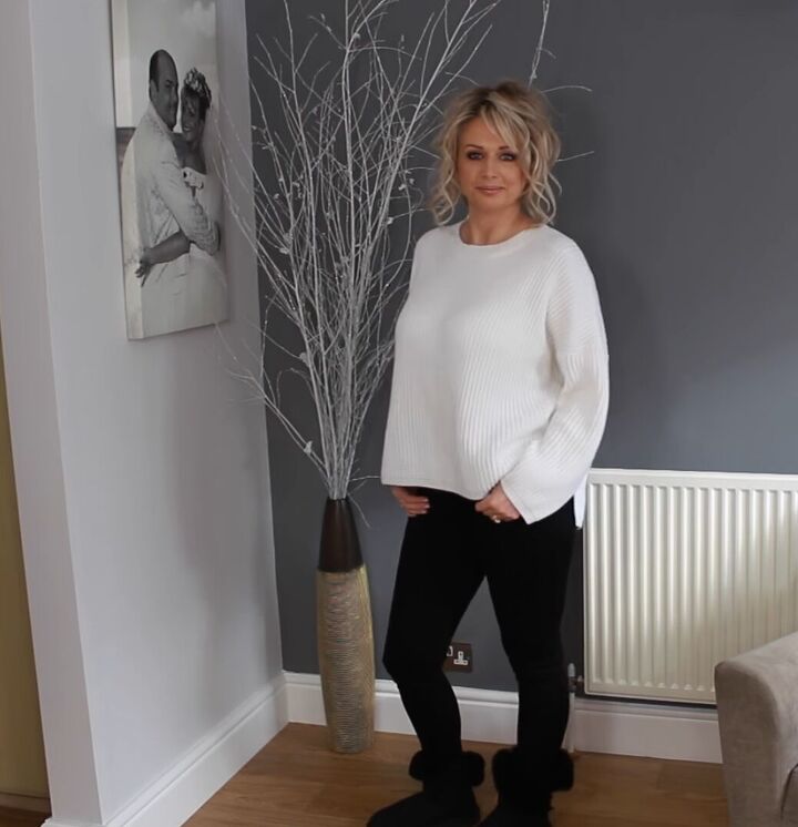 White Ribbed Sweater with Black Leggings and UGG Boots — Comfy Outfits