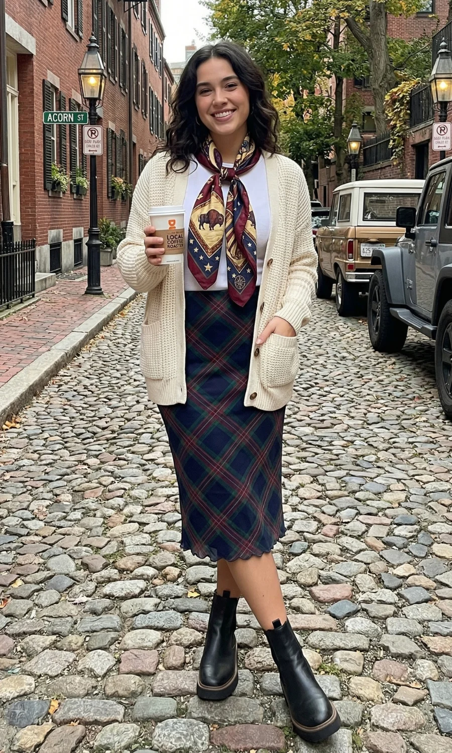 Cream Cardigan Over White T-Shirt with Plaid Midi Skirt — Light Academia Outfits