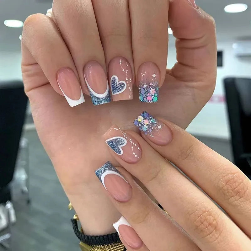 Blue Glitter French Hearts Medium Square Nails — Acrylic Nails