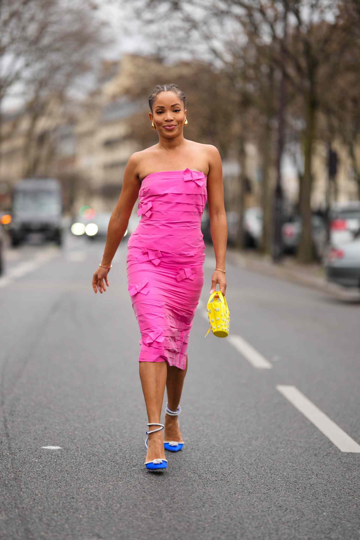 Hot Pink Strapless Ruched Midi Dress with Bright Accessories — Rehearsal Dinner Outfits