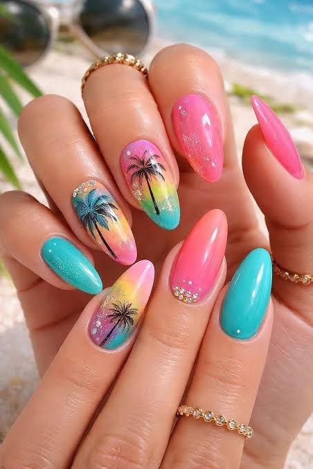Tropical Sunset Gradient Stilettos — Vacation Nails