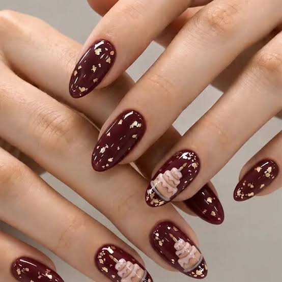 Burgundy Gold Flake 3D Cake Nails Burgundy Gold Flake 3D Cake Nails — Birthday Nails