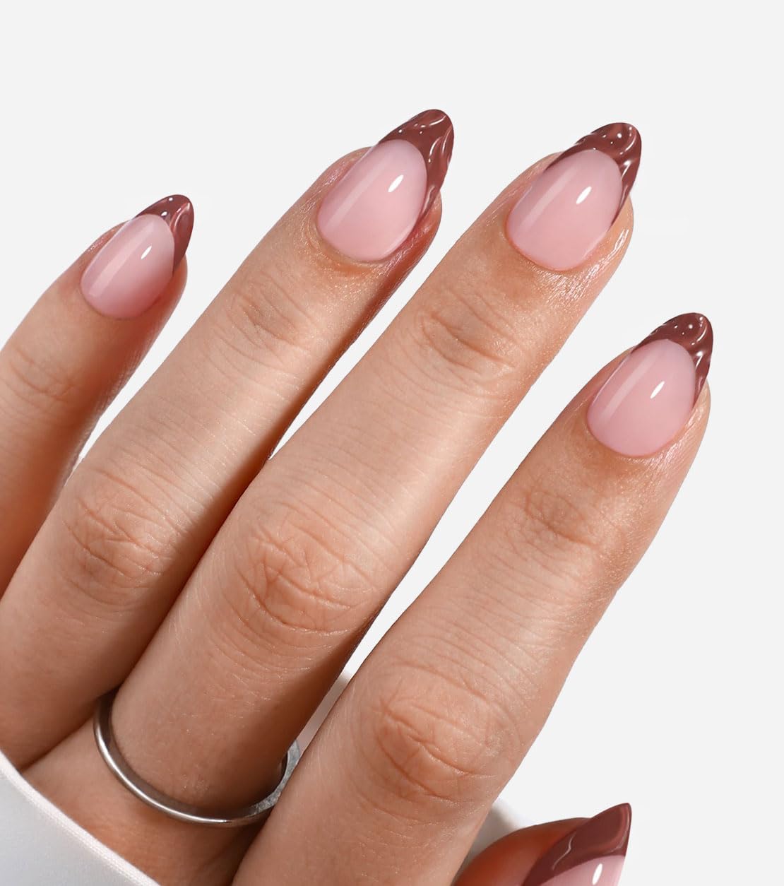 Short Nude Almonds With 3D French Tips Short Nude Almonds With 3D French Tips — Almond Nails