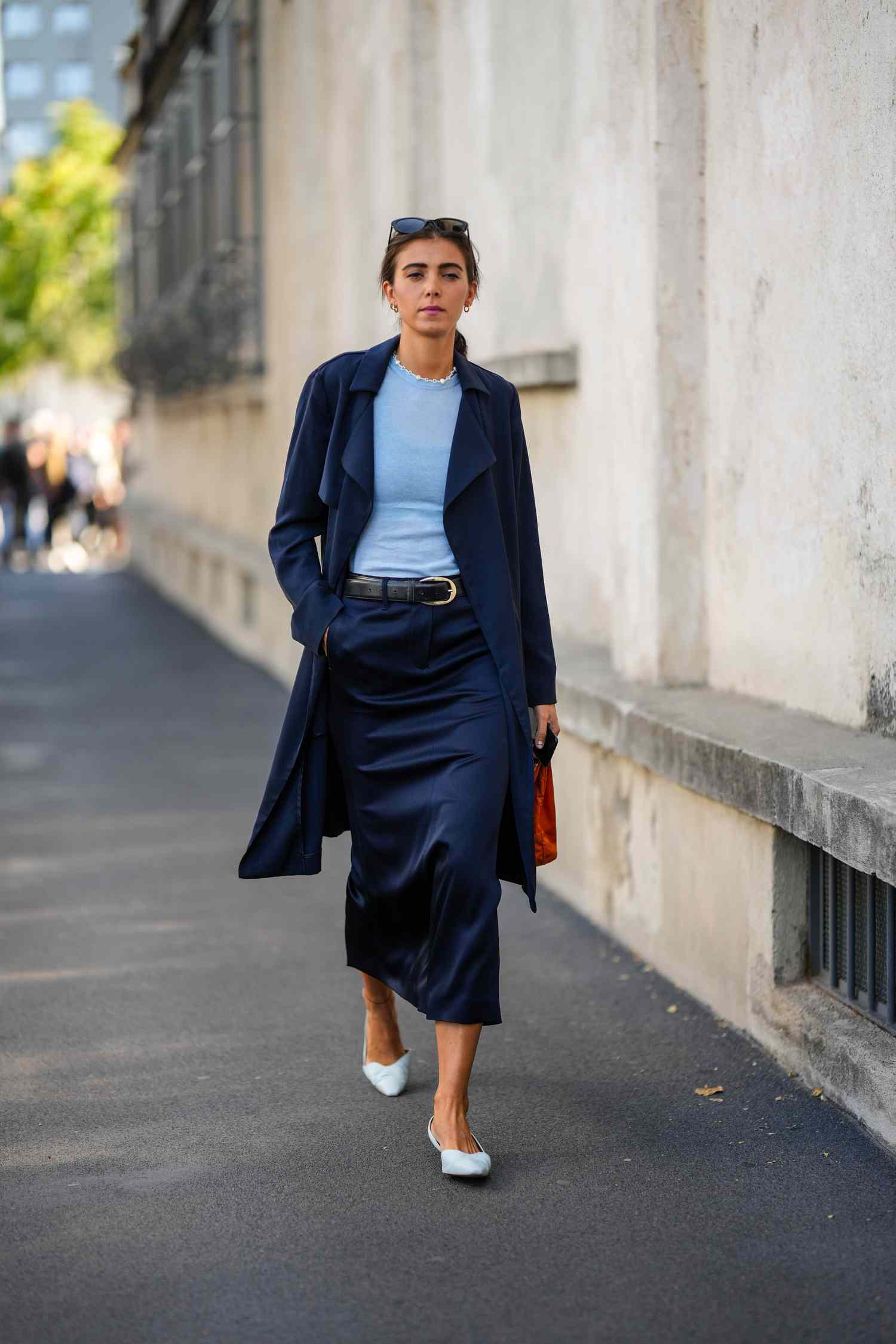 Relaxed Navy Trench Coat with Satin Skirt Relaxed Navy Trench Coat with Satin Skirt — Blue Outfits