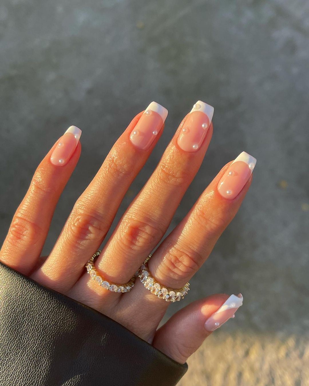 Medium Square Pink French with Pearls — Bridesmaid Nails
