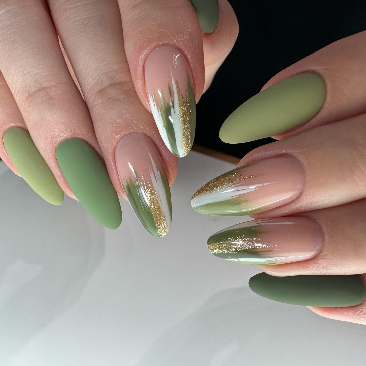 Matte And Glossy Visual Idea — Olive Green Nails