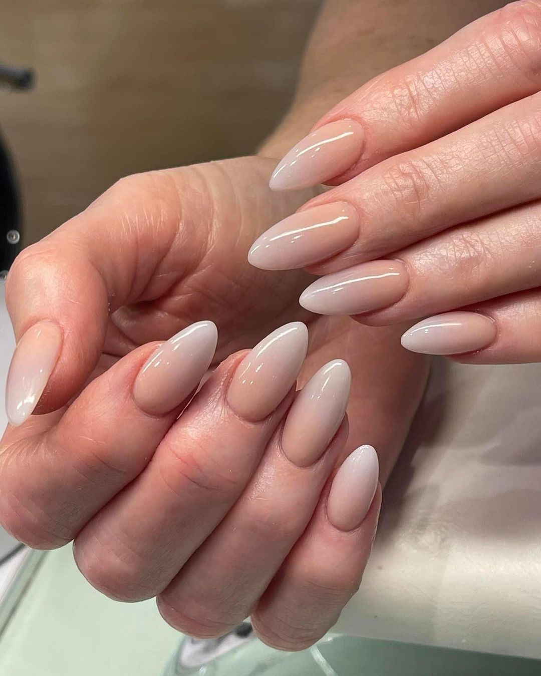 Sheer Nude to Pink Ombre Almonds Sheer Nude to Pink Ombre Almonds — Dip Powder Nails