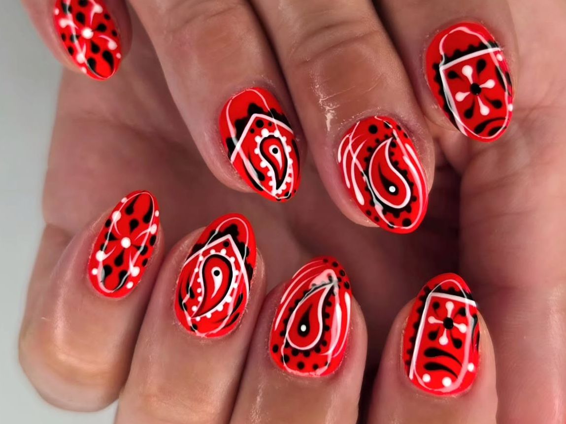 Vibrant Red Paisley Bandana Print — Nails for Women Over 40