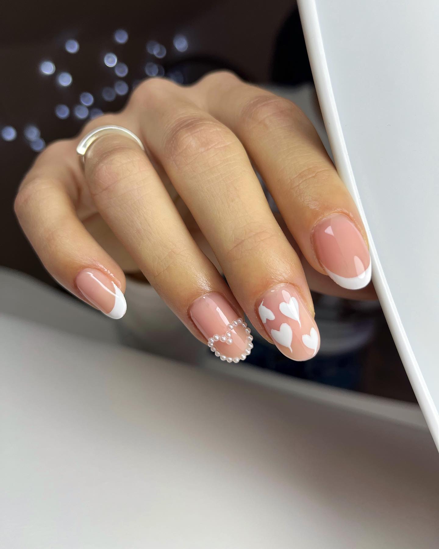 Sheer Pink With White Hearts & Pearl — Wedding Guest Nails