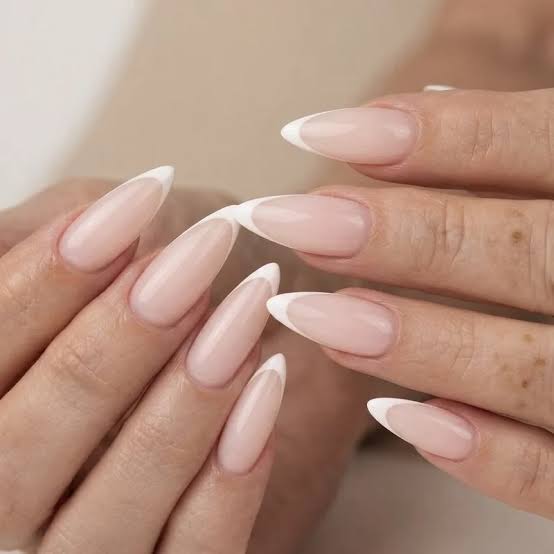 Gold Foil Accent Classic French Almond Nails — Nails for Women Over 60