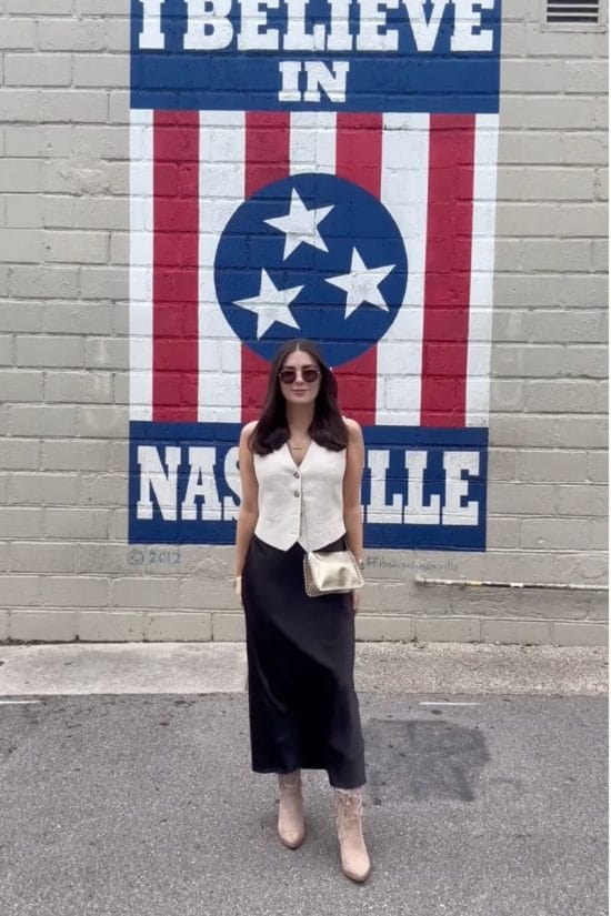 Light Beige Vest Over Black Maxi Skirt with Gold Bag Light Beige Vest Over Black Maxi Skirt with Gold Bag — Nashville Outfits