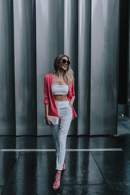 Vibrant Power Suit: Pink Blazer with White Set Vibrant Power Suit: Pink Blazer with White Set — Dressy Outfits