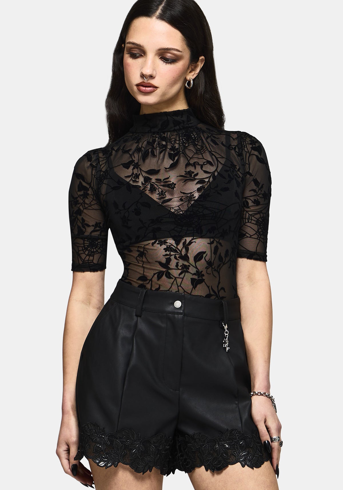Sheer Lace Mock-Neck Top with Velvet Accents — Alt Outfits