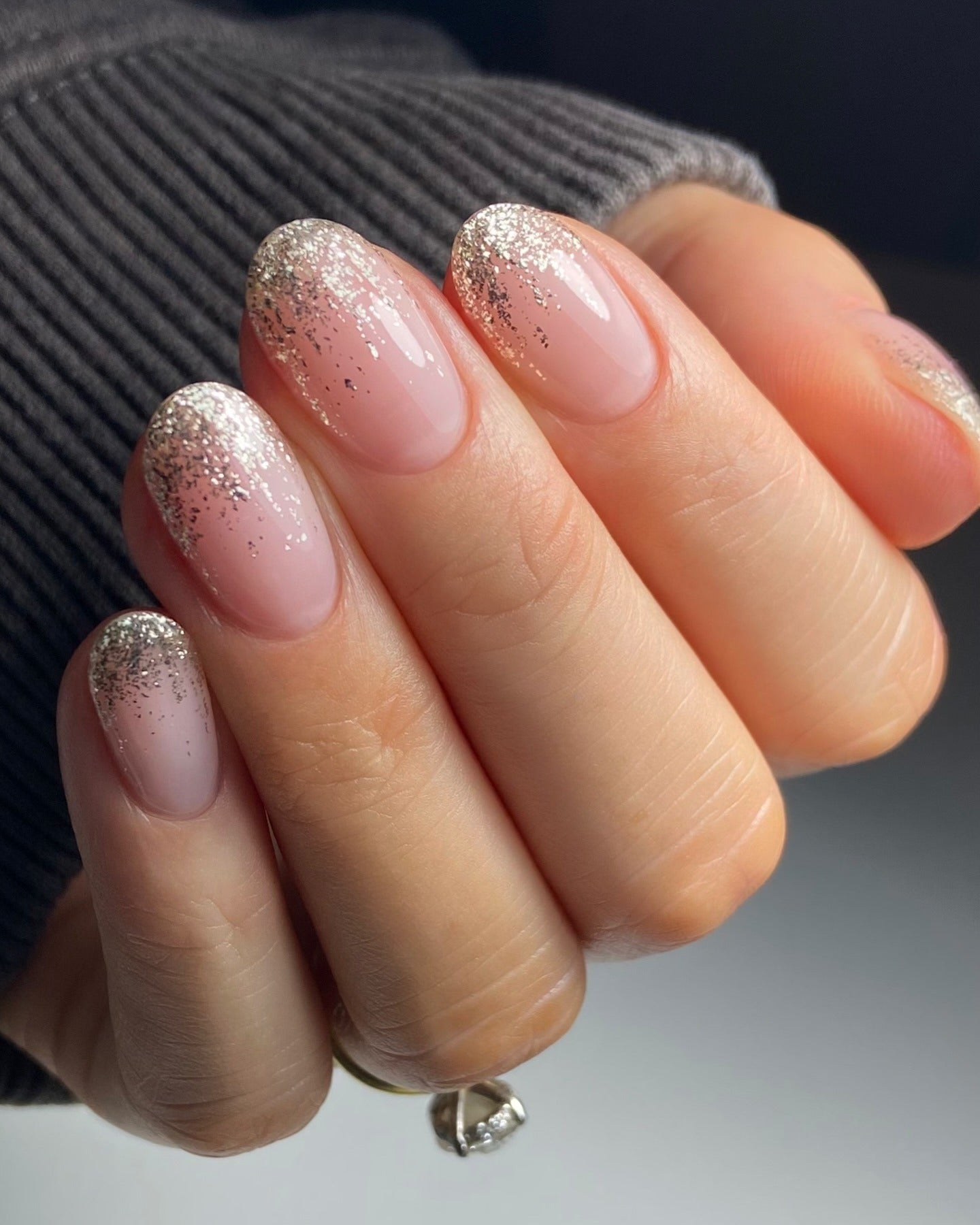 Subtle Sparkle French Tips — Short Oval Nails