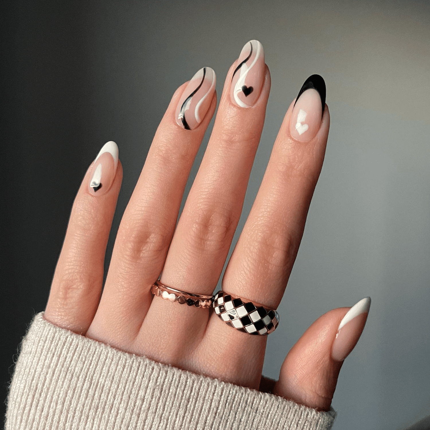 Long Almond Abstract Lines With Black Hearts Long Almond Abstract Lines With Black Hearts — Heart Nails