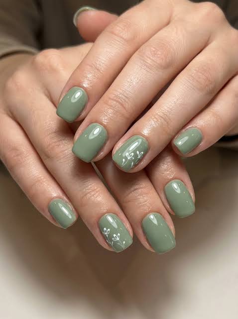 Short Sage Green with White Florals Short Sage Green with White Florals — Sage Green Nails