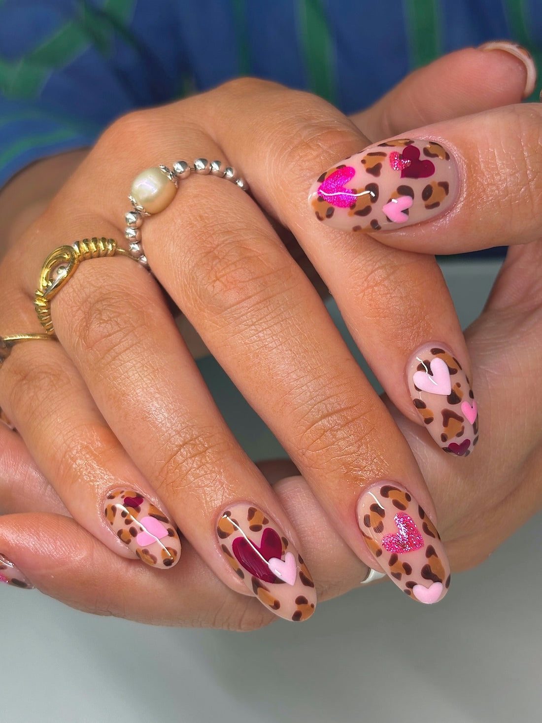 Pink Hearts & Glitter Leopard Nails Pink Hearts & Glitter Leopard Nails — Leopard Print Nails