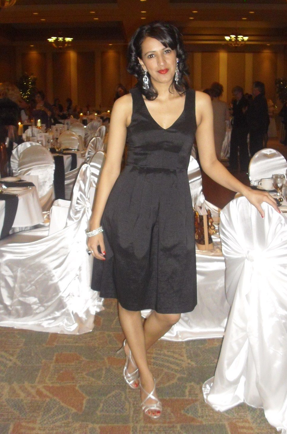 Black Satin Fit-and-Flare Dress with Silver Drop Earrings — Old Hollywood Outfits