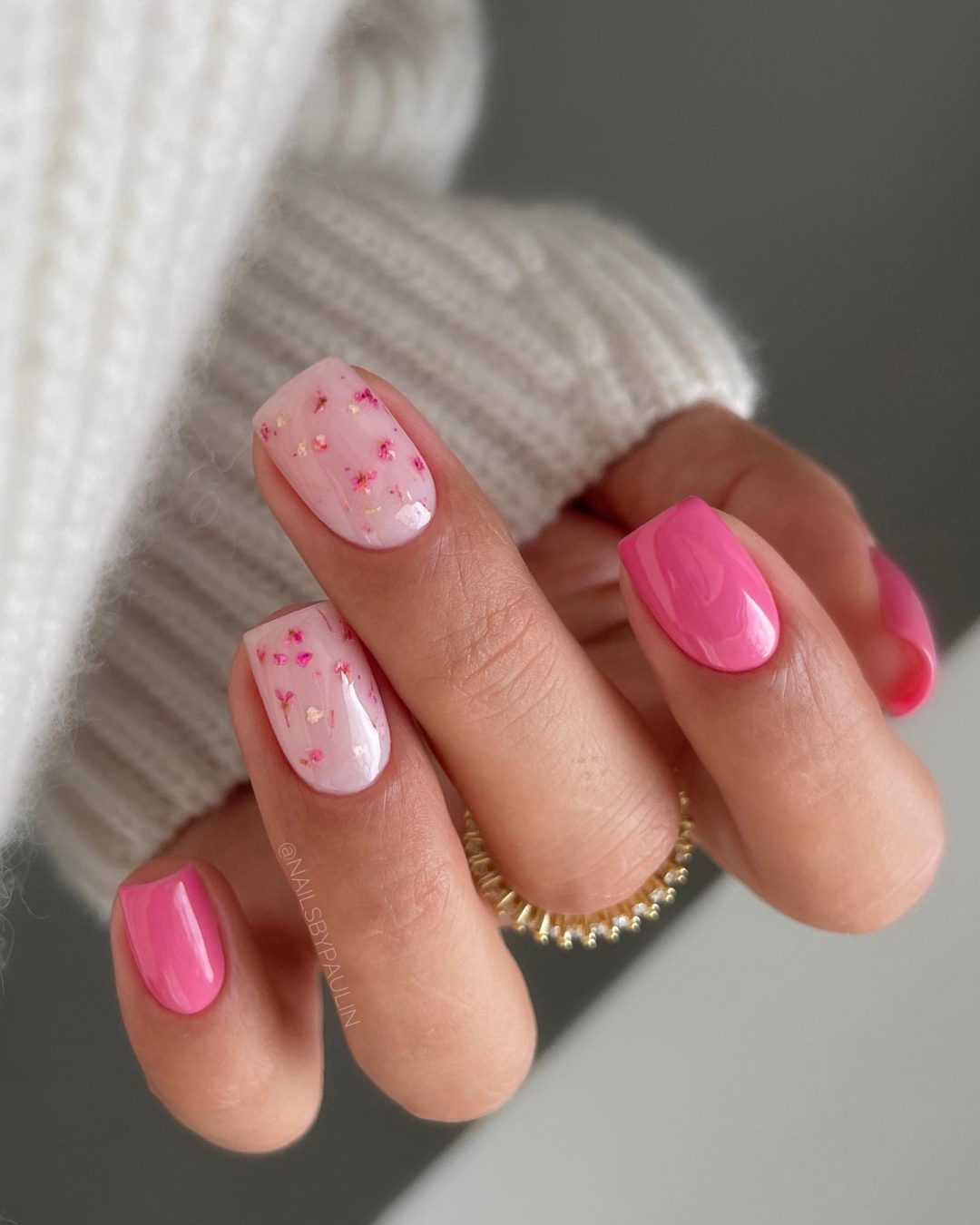 Short Square Pink Nails with Pressed Flowers