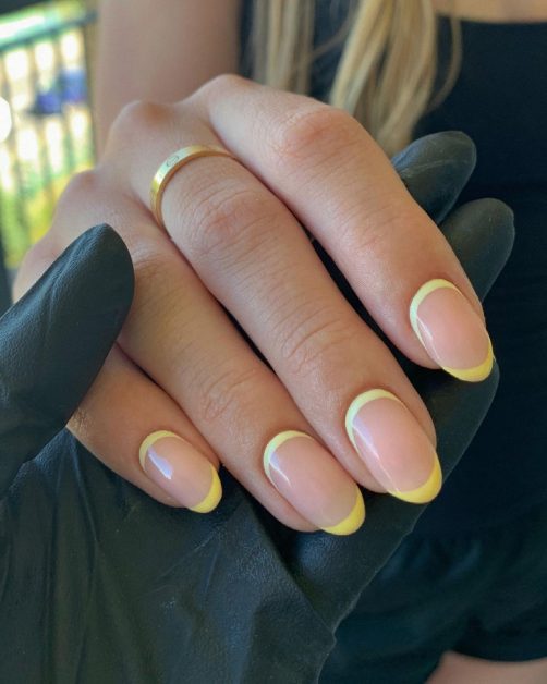 Soft Yellow French Tip Short Oval — Reverse French Nails