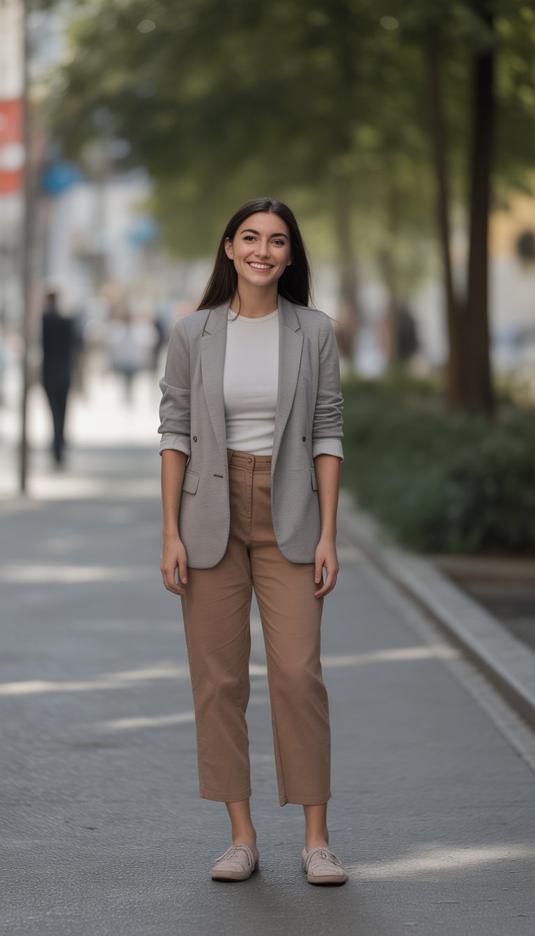 Relaxed Grey Blazer Over White Top and Tan Cropped Trousers — Interview Outfits