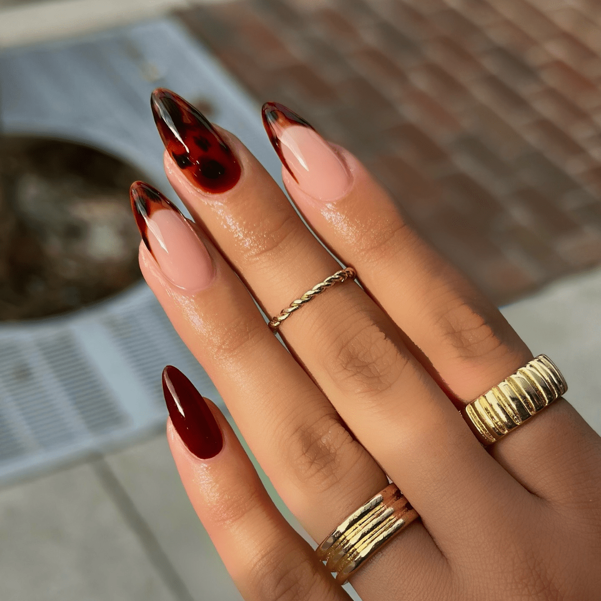 French Tips Tortoise Shell Accent Visual Idea — Builder Gel Nails