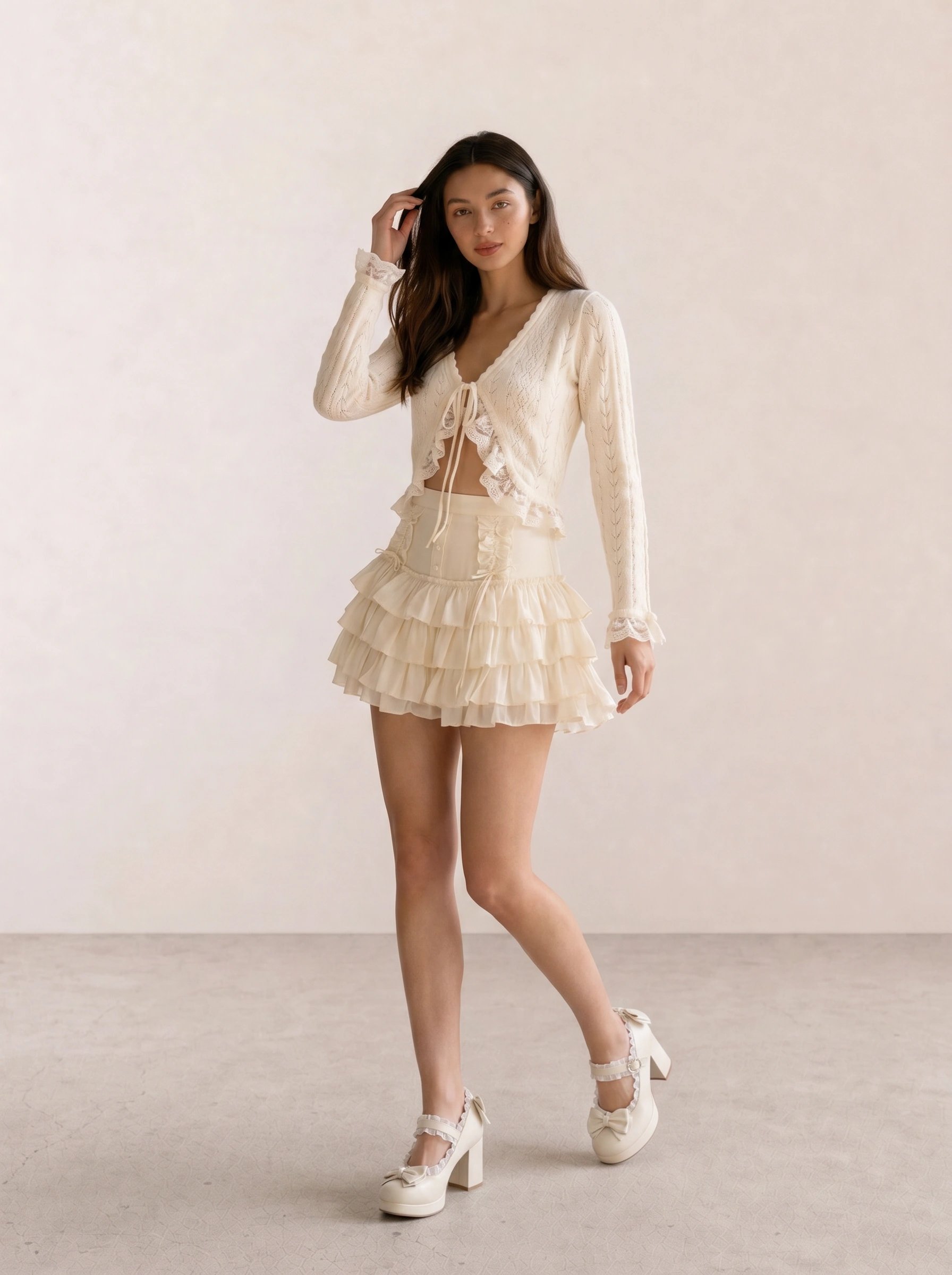 Textured Cardigan and Ruffled Skirt with Chunky Mary Janes Textured Cardigan and Ruffled Skirt with Chunky Mary Janes — Balletcore Outfits