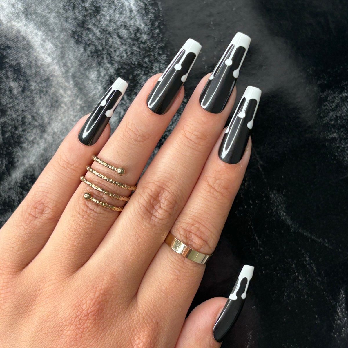 White Drip Design Glossy Black Coffin Nails