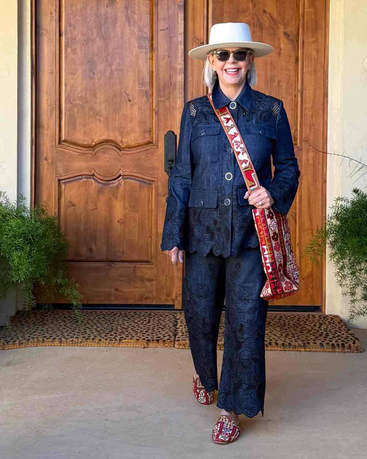 Casual Chic: Embroidered Denim Set with White Fedora Casual Chic: Embroidered Denim Set with White Fedora — Outfits for Women Over 60